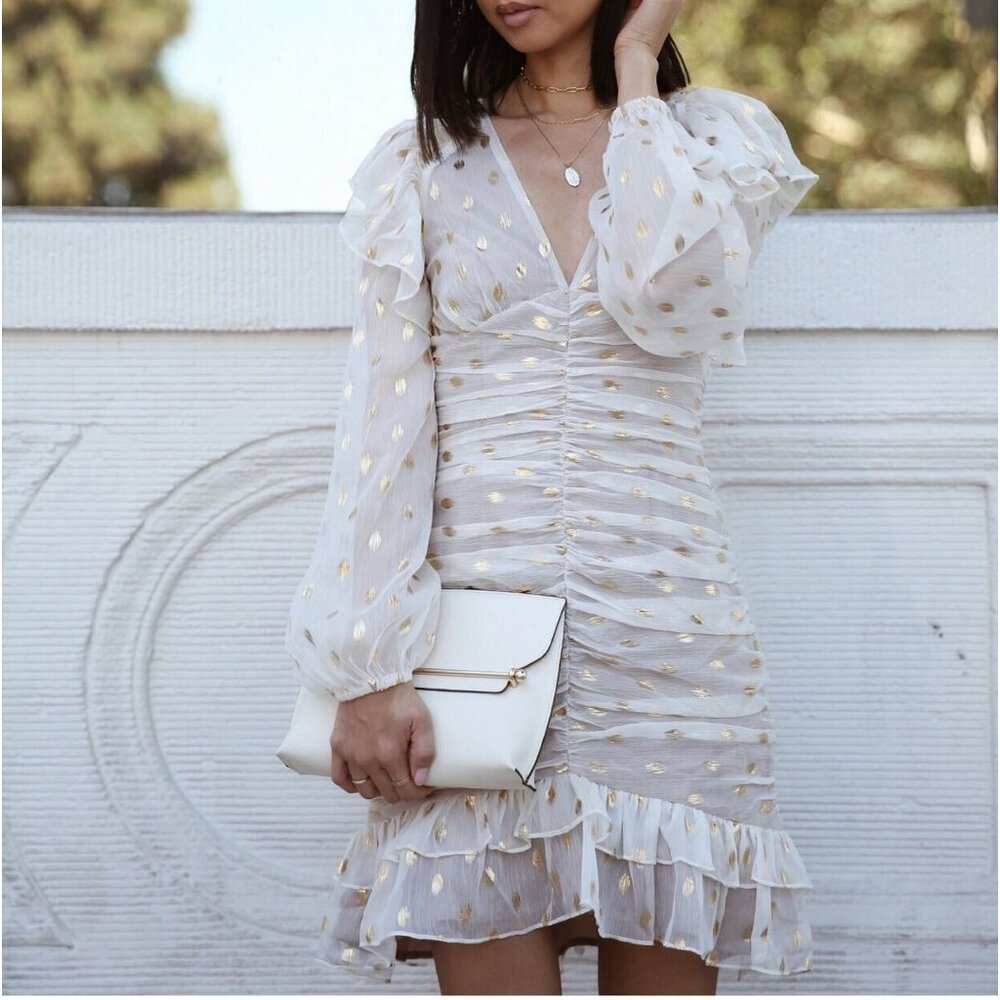 ELLIATT Marta Dress Sheer Ruched Mini Dots Ivory Metallic Gold Cocktail Small